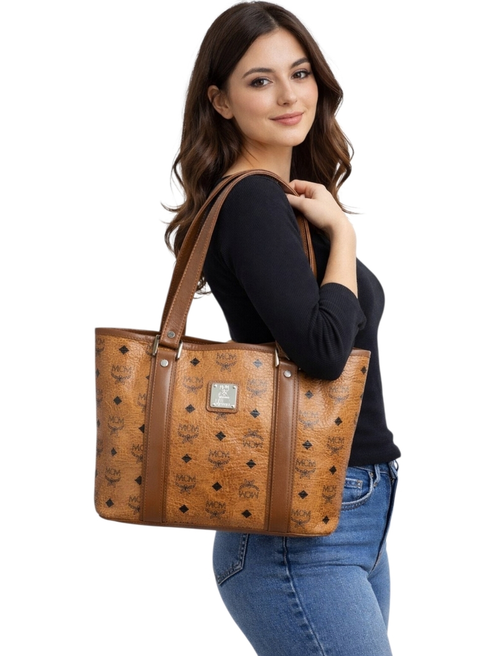 MCM Cognac Visetos Monogram Tote Bag Large Leather Shoulder Bag EUC